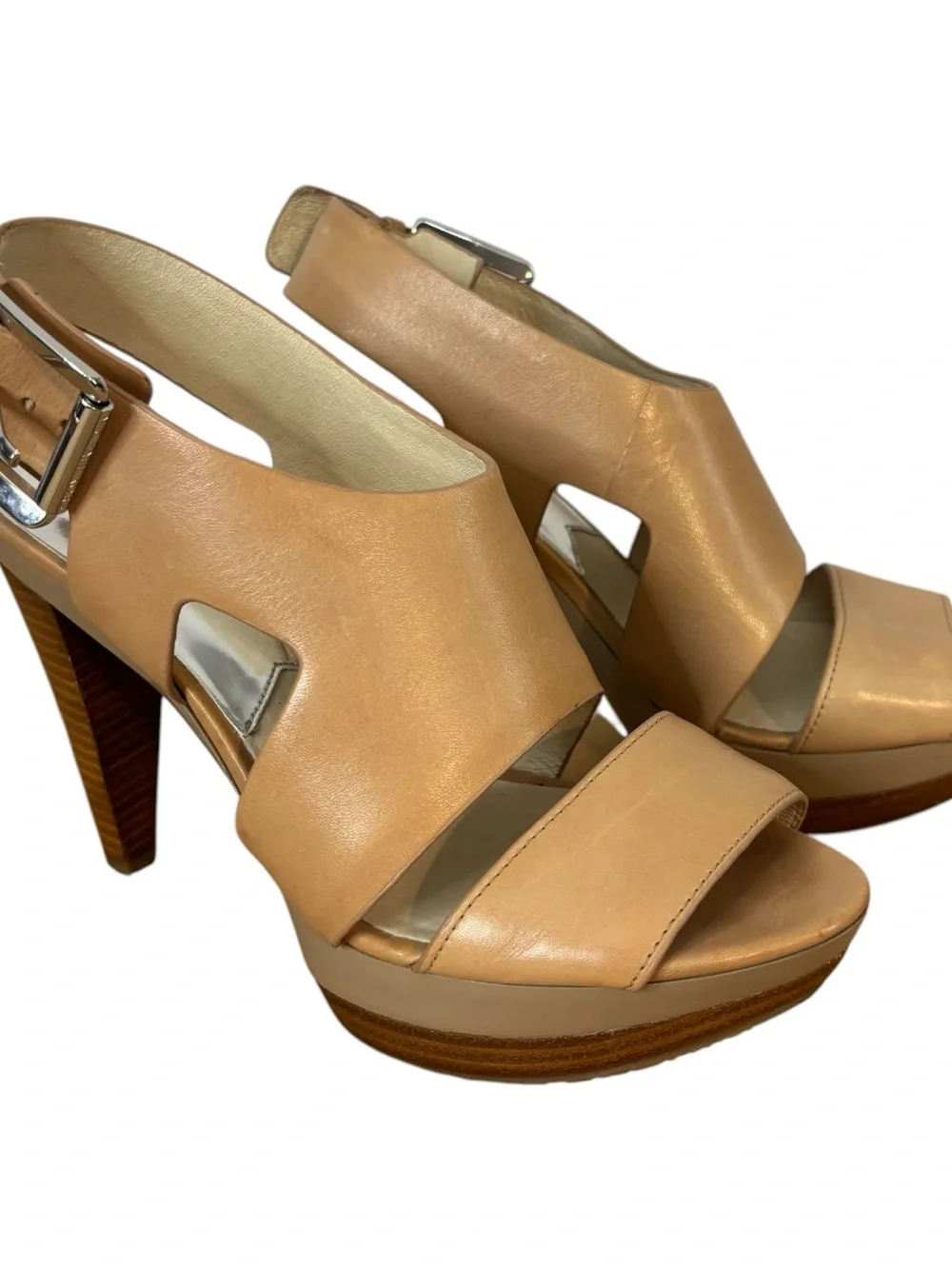 Michael Kors Women's Platform Heels Sandals Open Toe Buckle Leather Tan Size
